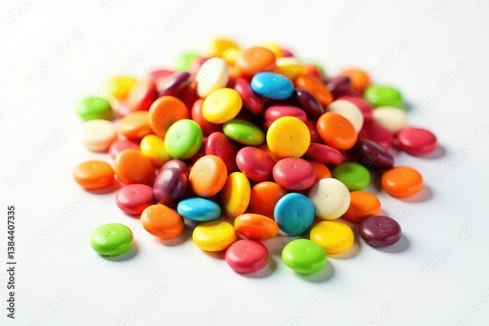 Pile of colorful candy and chips on white background, cookie, pizza Pile of colorful candy and chips on white background, cookie, pizza