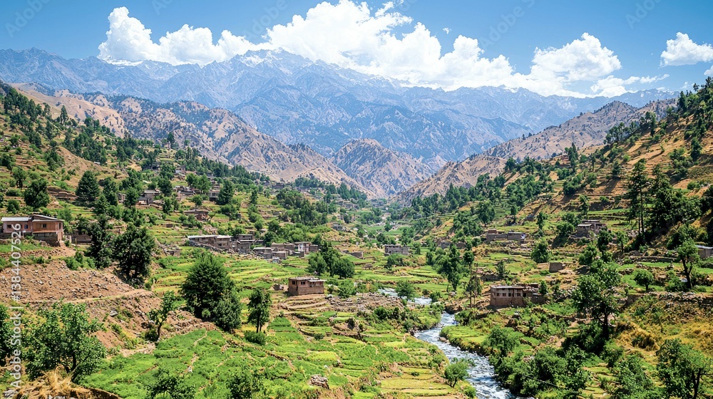 Obraz premium Serene Mountain Village Landscape: Breathtaking Valley View