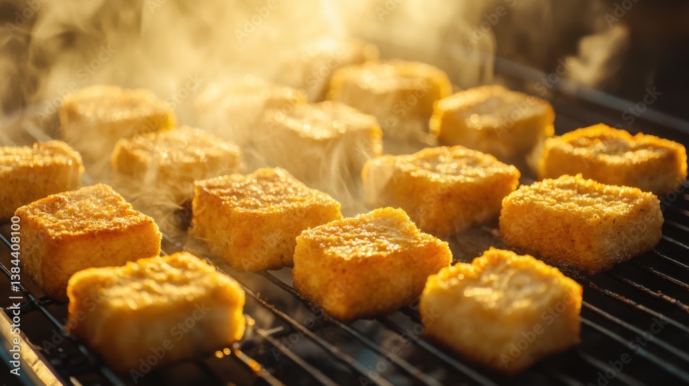 Grilled Crispy Tofu Cubes on a Rack with Steam Rising in a Warm and Inviting Setting Grilled Crispy Tofu Cubes on a Rack with Steam Rising in a Warm and Inviting Setting