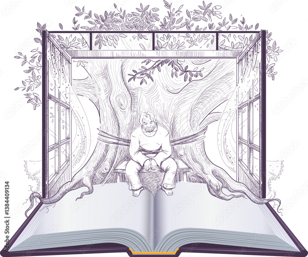 Fototapeta premium One Hundred Years of Solitude open book old man sitting by tree. Vector cartoon illustration