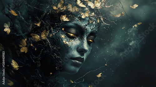 Enigmatic Woman: A Surreal, Dreamlike Portrait in Gold and Dark
