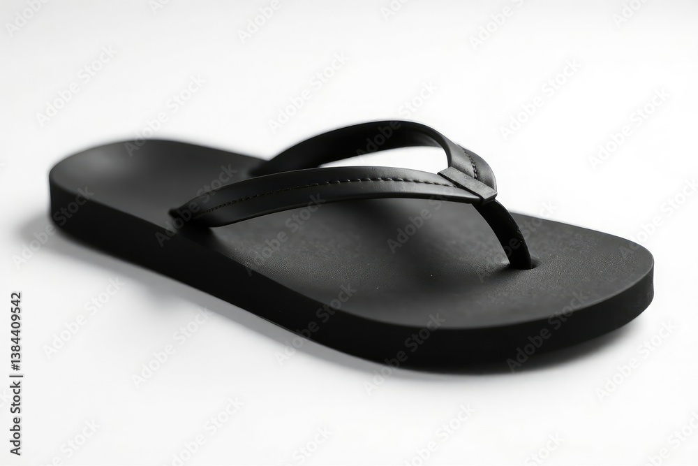 Single black flip-flop on white background, close-up view , clean, accessory Single black flip-flop on white background, close-up view , clean, accessory