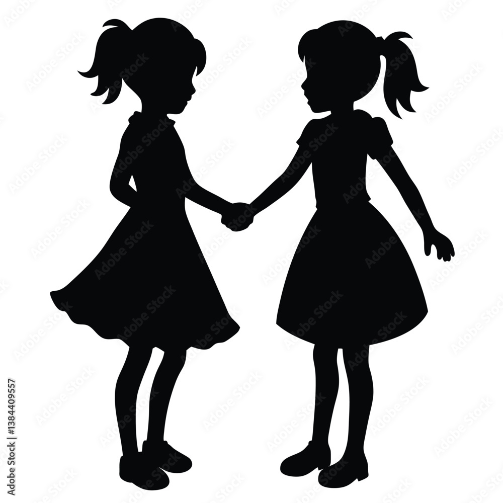 Silhouette Two Girls Holding Hands, Friendship, Dresses, Ponytails Silhouette Two Girls Holding Hands, Friendship, Dresses, Ponytails