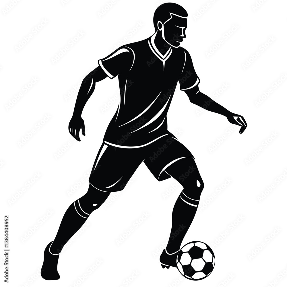 Naklejka premium Soccer Player Dribbling Ball in Black Silhouette 