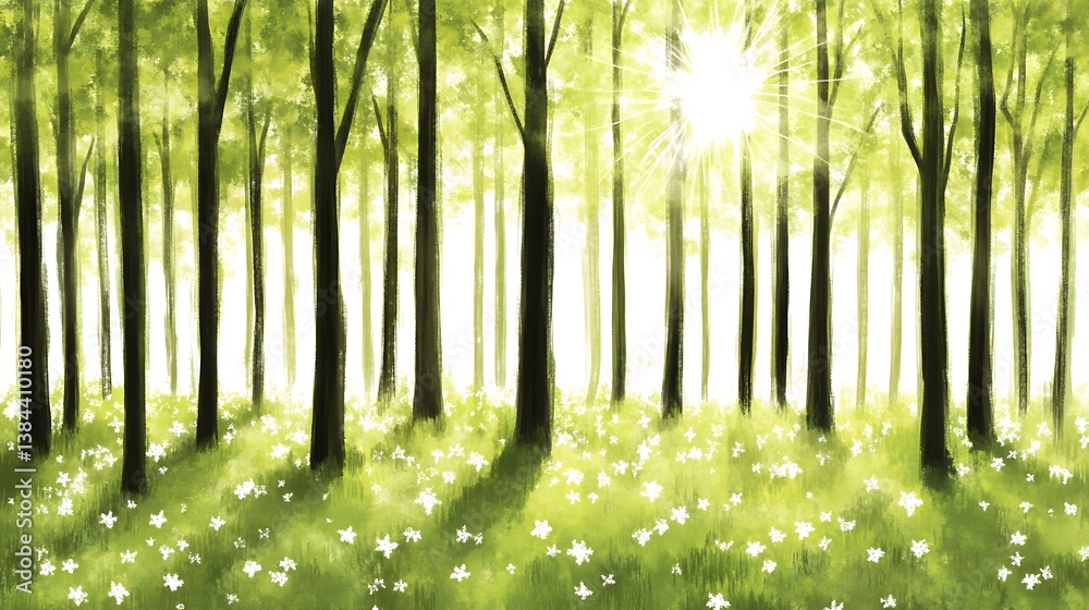 Naklejka premium Sunlight filtering through trees in a forest