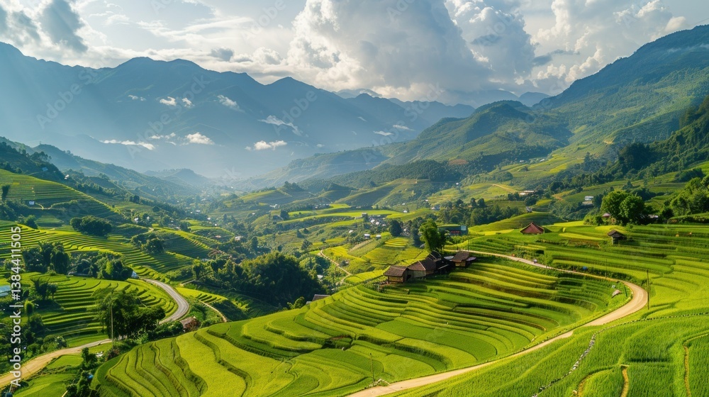 Fototapeta premium Scenic view of rice fields, mountains, and winding roads in a peaceful village. stock photo --ar 16:9 --style raw --v 6 Job ID: 0e945b28-15fe-4866-8084-268e2afeb9b3