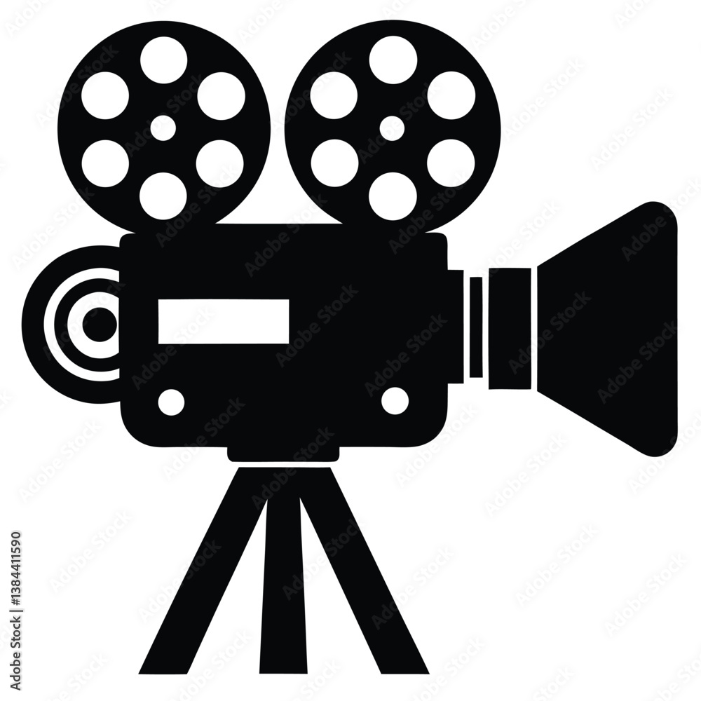 Obraz premium Vintage Movie Camera Icon on Tripod, Black and White Silhouette