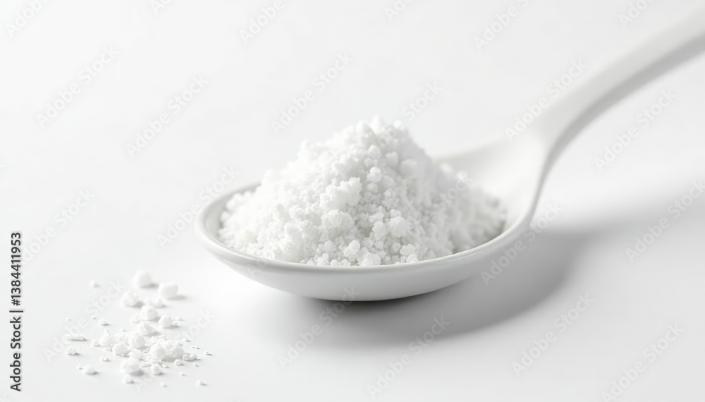 Spoonful of white sugar against white backdrop, sugar scoop, close-up, confectionery Spoonful of white sugar against white backdrop, sugar scoop, close-up, confectionery