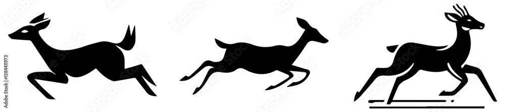 Running Deer Silhouette Set, Elegant Wildlife Vector Illustrations for Nature and Hunting Designs Running Deer Silhouette Set, Elegant Wildlife Vector Illustrations for Nature and Hunting Designs