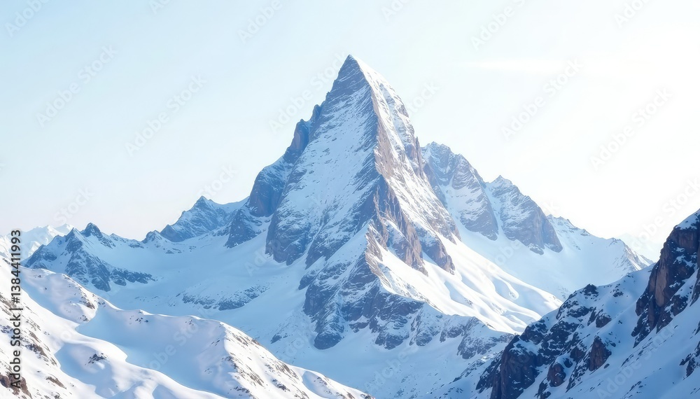 Obraz premium Snow-covered mountain peak against a bright white sky, peaceful, summit