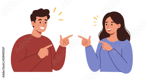 Happy couple pointing at each other in a friendly gesture  