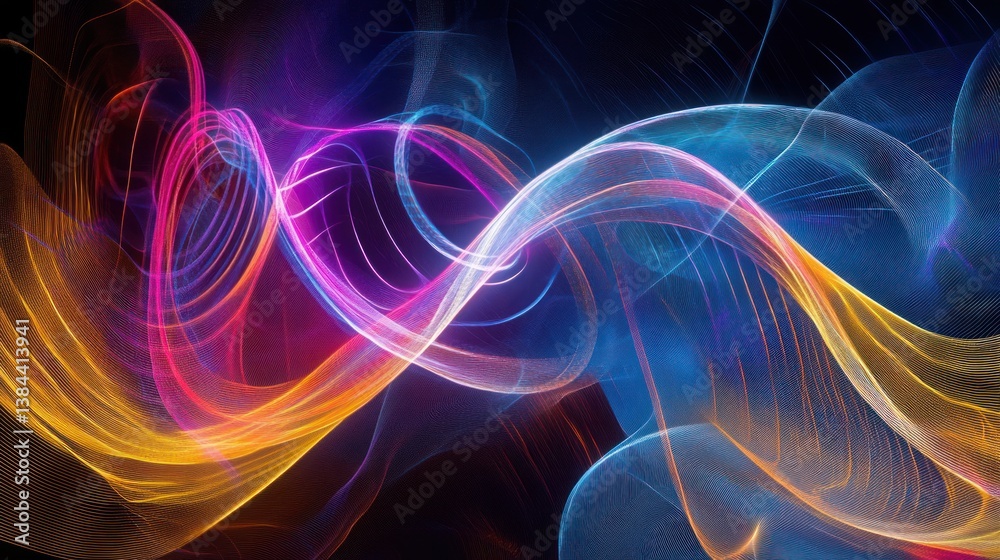 Dynamic luminous waves flow, creating an abstract radiant pattern on black Dynamic luminous waves flow, creating an abstract radiant pattern on black