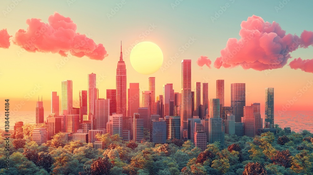 Obraz premium Ethereal Cityscape Sunrise with Lush Green Canopy in Pastel Hues Scenery