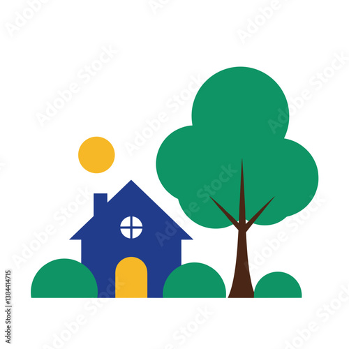 Simple house illustration with a tree and sun in bright colors  