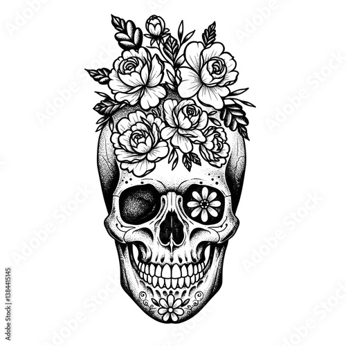 Skull with Floral Decoration in Black and White Style  