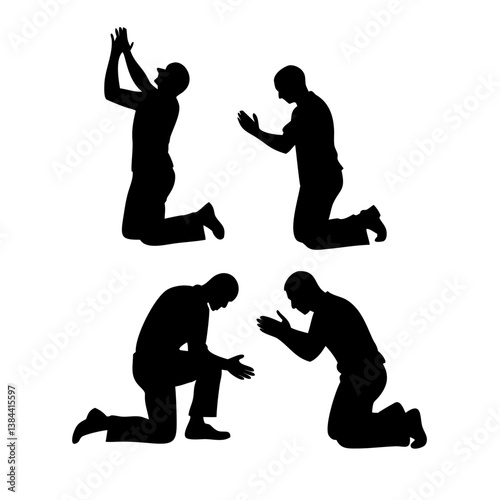 Man praying and praising God on knees silhouette set vector illustration.Silhouette of a man kneeling in supplication.A compelling silhouette of a man kneeling with hands raised in supplication or pra