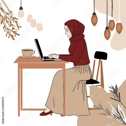 Cartoon woman muslim working on laptop at office desk with a cup of coffee