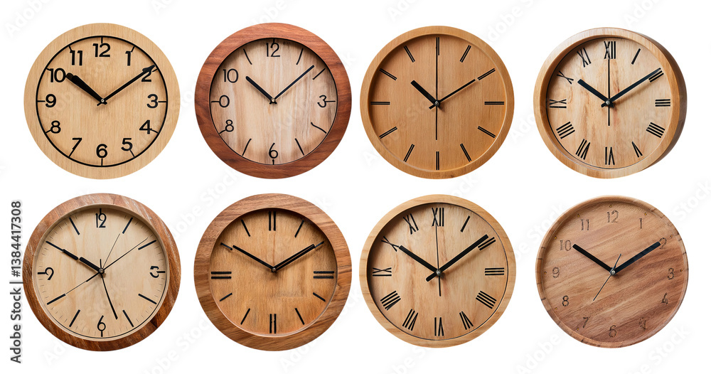 Assorted Wooden Wall Clocks in Various Designs and Styles, isolated on transparent background Assorted Wooden Wall Clocks in Various Designs and Styles, isolated on transparent background