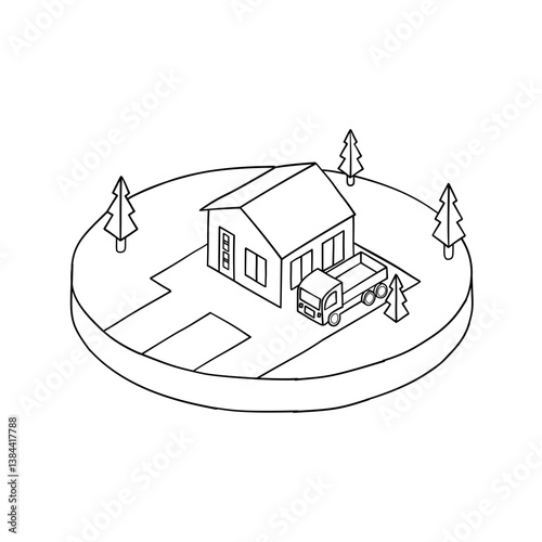 vector house with a truck, hand drawn illustration
