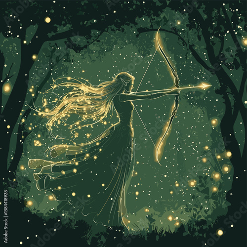 Magical Archer in Enchanted Forest with Glowing Stars and Mystical Lights