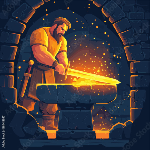 Blacksmith Forging a Sword in a Medieval Forge with Sparks and Fire
