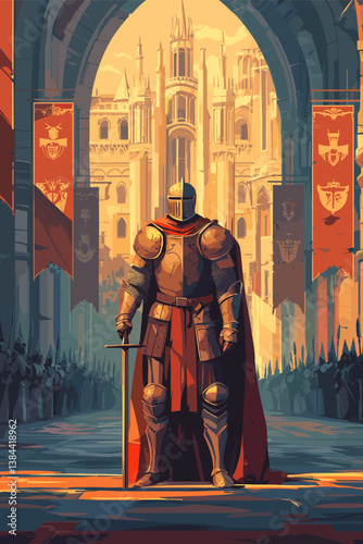 Knight in Armor Standing Proudly in Grand Medieval City with Banners