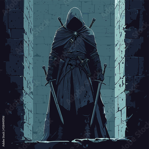 Mysterious Assassin in Hooded Cloak with Dual Swords Standing in Shadowy Dungeon