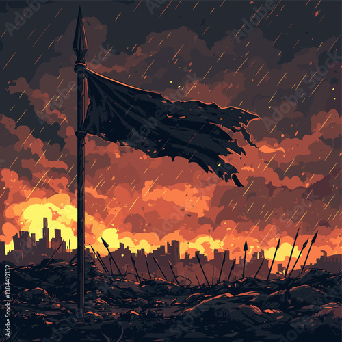 Desolate Battlefield with Torn Flag and Fallen Spears Against Fiery Sunset