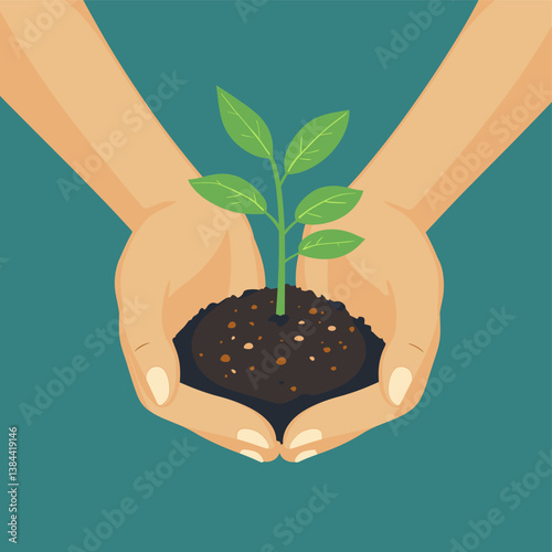 Hands Holding Young Plant in Soil Symbolizing Growth and Environmental Care