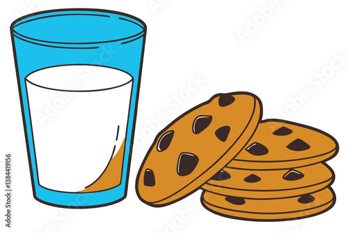 Fresh white milk in a glass with sweet chocolate chip cookies is a delicious snack