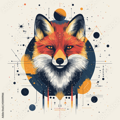 Abstract Fox Illustration with Geometric Patterns and Cosmic Elements