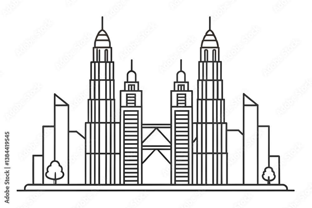 Elegant minimalist black ink line-art of Petronas Towers, isolated on transparent background, PNG file, modern architectural design, sleek, detailed, abstract Elegant minimalist black ink line-art of Petronas Towers, isolated on transparent background, PNG file, modern architectural design, sleek, detailed, abstract