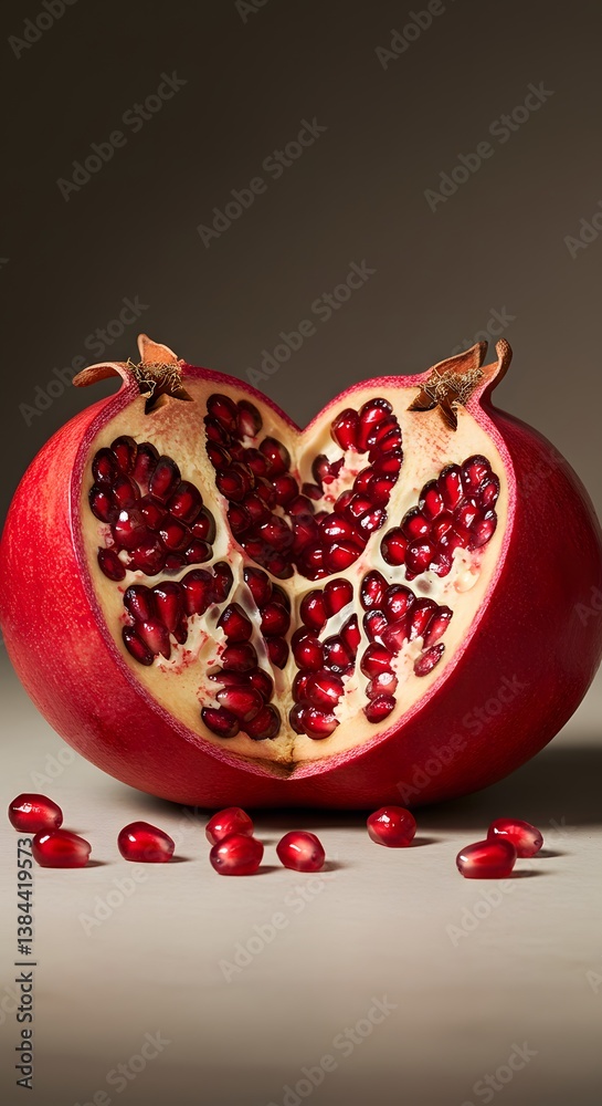 vibrant red seeds, textured fruit skin, Fresh pomegranate fruit cut open, exposing juicy, glistening arils, ready to be enjoyed, pomegranate, split open,
