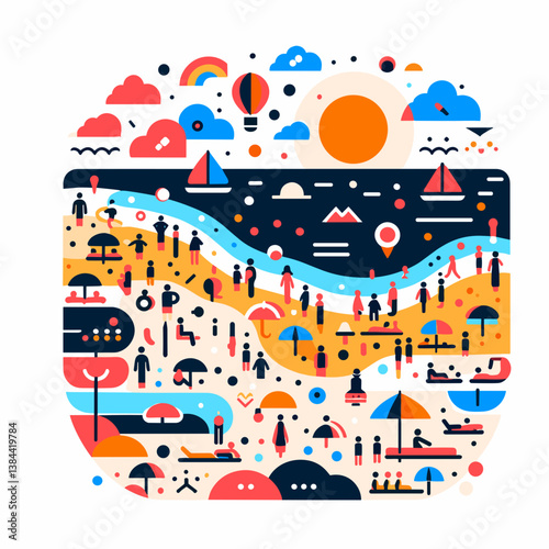 Colorful beach scene with crowded people enjoying summer fun  