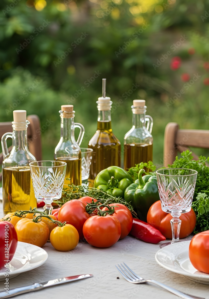 fresh vegetables and empty glasses are arranged on a wooden table in a garden setting,outdoor dining, Vibrant, rustic outdoor table setting,Fresh garden vegetables, colorful tomatoes and peppers,