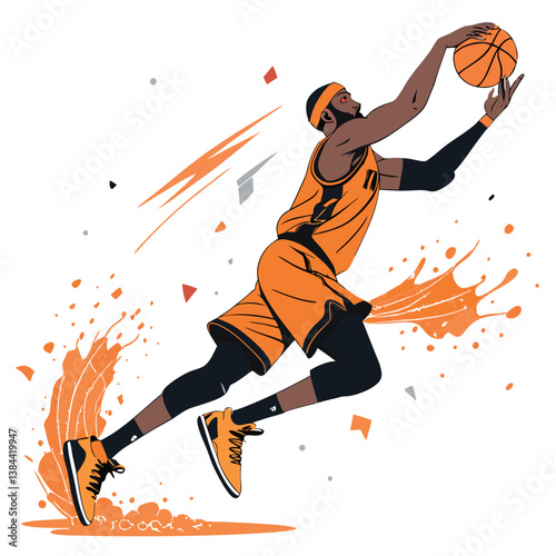 Create a bold, vector illustration of a basketball player executing a powerful move.  Use striking colors and dynamic lines.