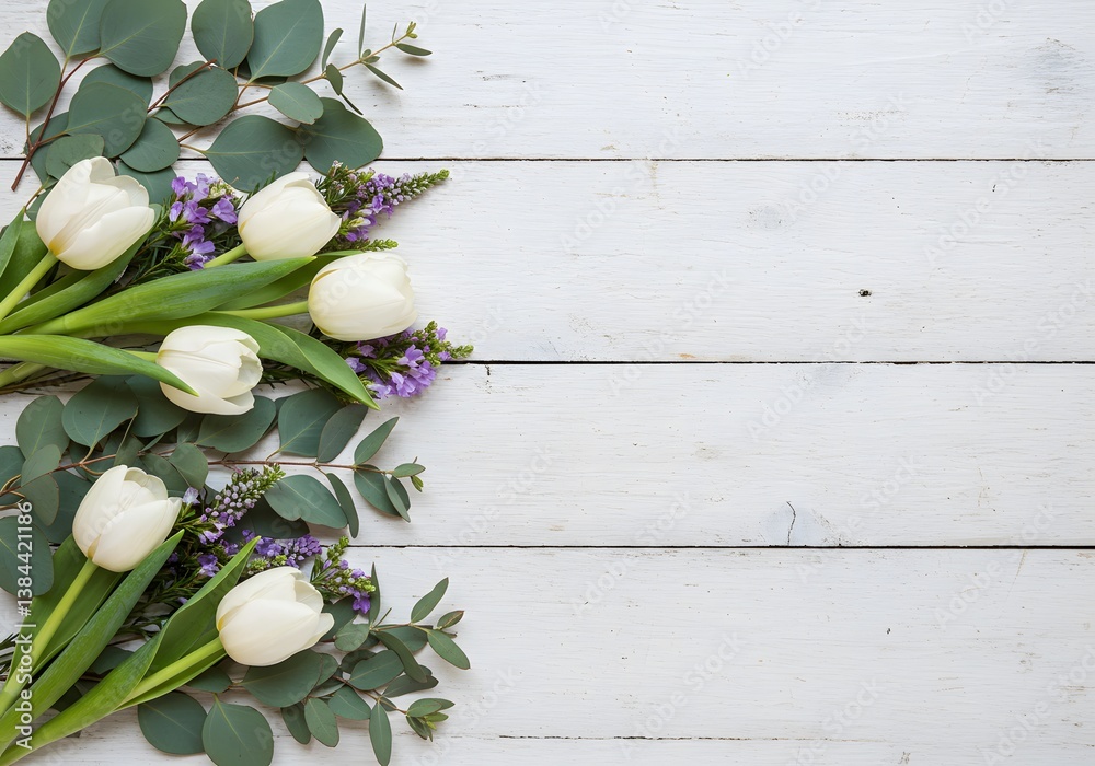 Floral arrangement, white wooden background, green eucalyptus leaves, white tulips, purple wildflowers ,White flowers and eucalyptus leaves a border on a white wooden background