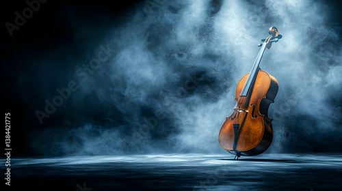 Cello on Dark Stage with Blue Lighting and Smoke