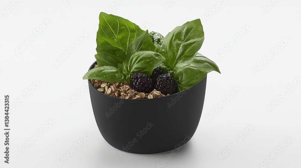 Black bowl with fresh leaves and berries Black bowl with fresh leaves and berries