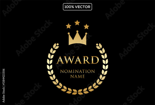 Golden shiny award sign with laurel wreath isolated on dark luxury background with golden glitter. Vector template