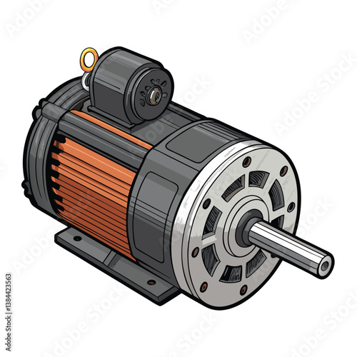 Create a bold vector illustration of a brushed DC motor, emphasizing its internal components with thick, stylized lines and vibrant colors.