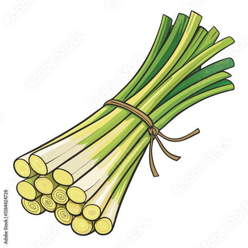 Create a vector illustration of a bundle of lemongrass stalks with bold, graphic strokes; emphasize texture and vibrant green hues.