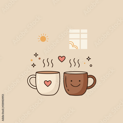 Cozy mugs with hearts and steam against a warm background  