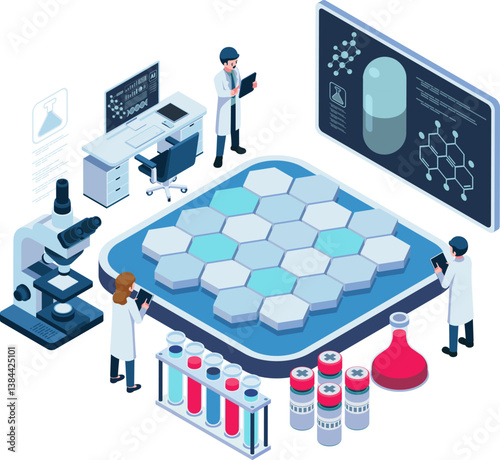 Isometric Scientists in Drug Discovery Lab with Advanced Equipment