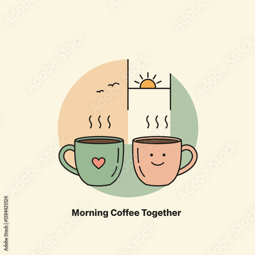Morning Coffee Together with Happy Mugs Against Sunrise Background  
