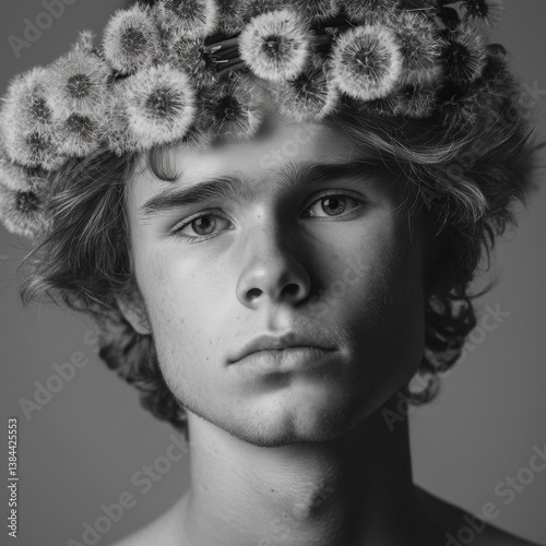 Young man wearing a flower crown on his head emphasizing natural beauty and youthfulness in a lively outdoor setting