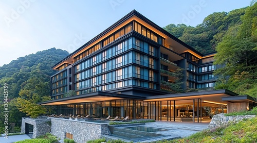Modern hotel nestled in a tranquil mountain setting, featuring a large outdoor pool area