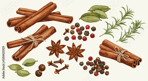 Aromatic Spices and Herbs Illustrated on White Background  