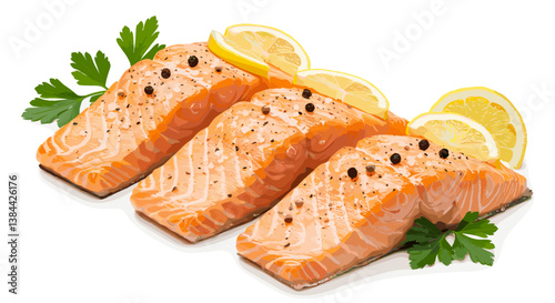 Fresh Salmon Fillets with Lemon and Herbs on White Background  