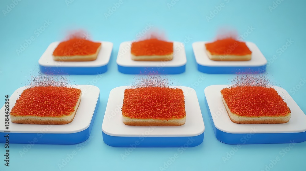 Six square toasts topped with red caviar Six square toasts topped with red caviar